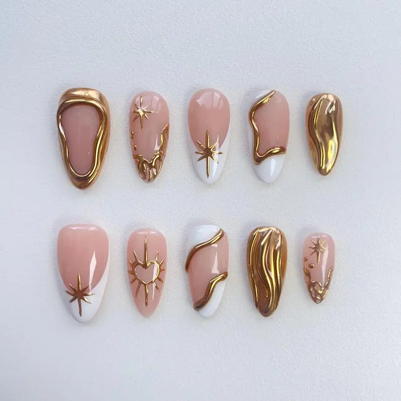 Aura Nails - 3D Gold Chrome Nails - White French Press On Nails Long Almond Nails - French Nails - Gold Nails - Wedding Nails - Sun star nails - Metallic gold nail