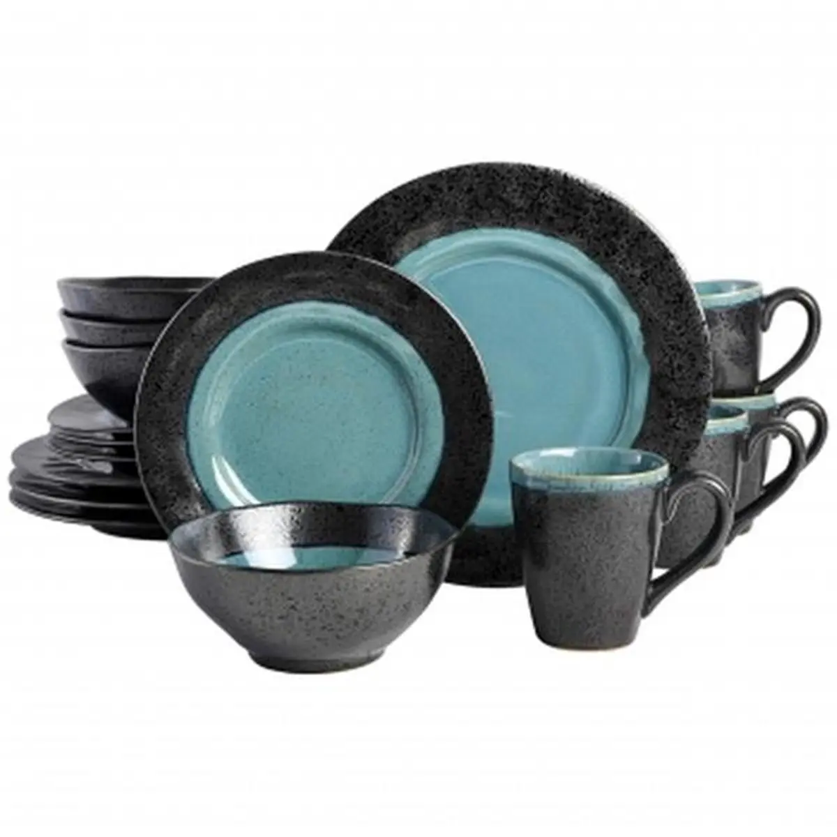 Gibson Home 212 MAIN Dragonstone Reactive Glaze 16-Piece Aqua Tableware Set - Dinner Dishes, Bowls, Unique Look Kitchenware for Family and Friends, Dinnerware