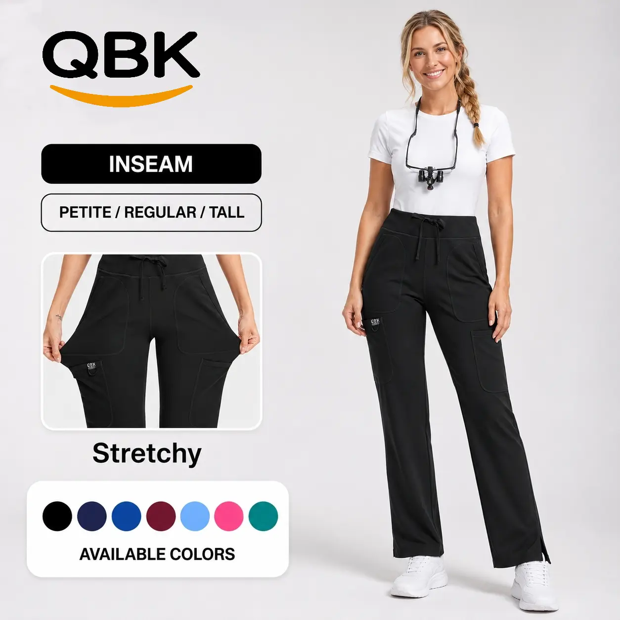 QBK Yoga Scrub Pants for Women - High Waisted 4-Way Stretch Medical Work Pants with 5 Pockets, Straight Leg Activewear Bottoms