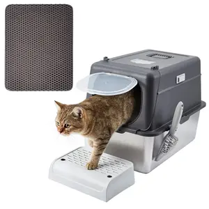 Stainless Steel Cat Litter Box - Enclosed Design, 15/20cm Depth, Dark Gray, Durable Cat Litter Container, Cat Toilet Box