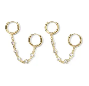 14K gold plated tassel double-hole drop earrings with sleek polished texture and shiny zircon accents. Lightweight, hypoallergenic, non-tarnish. Stylish layered design elevates any look, perfect for daily and party wear.