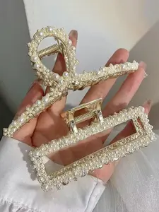 Elegant Pearl-Imitation Hair Claw Clip, Large Metal Shark Clip, Korean Style High-Quality Square Hair Clip, Stylish Bun Holder, Hair Claws Set, Hair Bun Accessories
