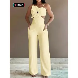 Women’s floral hollow-knot back vest jumpsuit, elegant sleeveless pocket jumpsuit, suitable for parties and vacations, women’s summer wear GARMENTARY