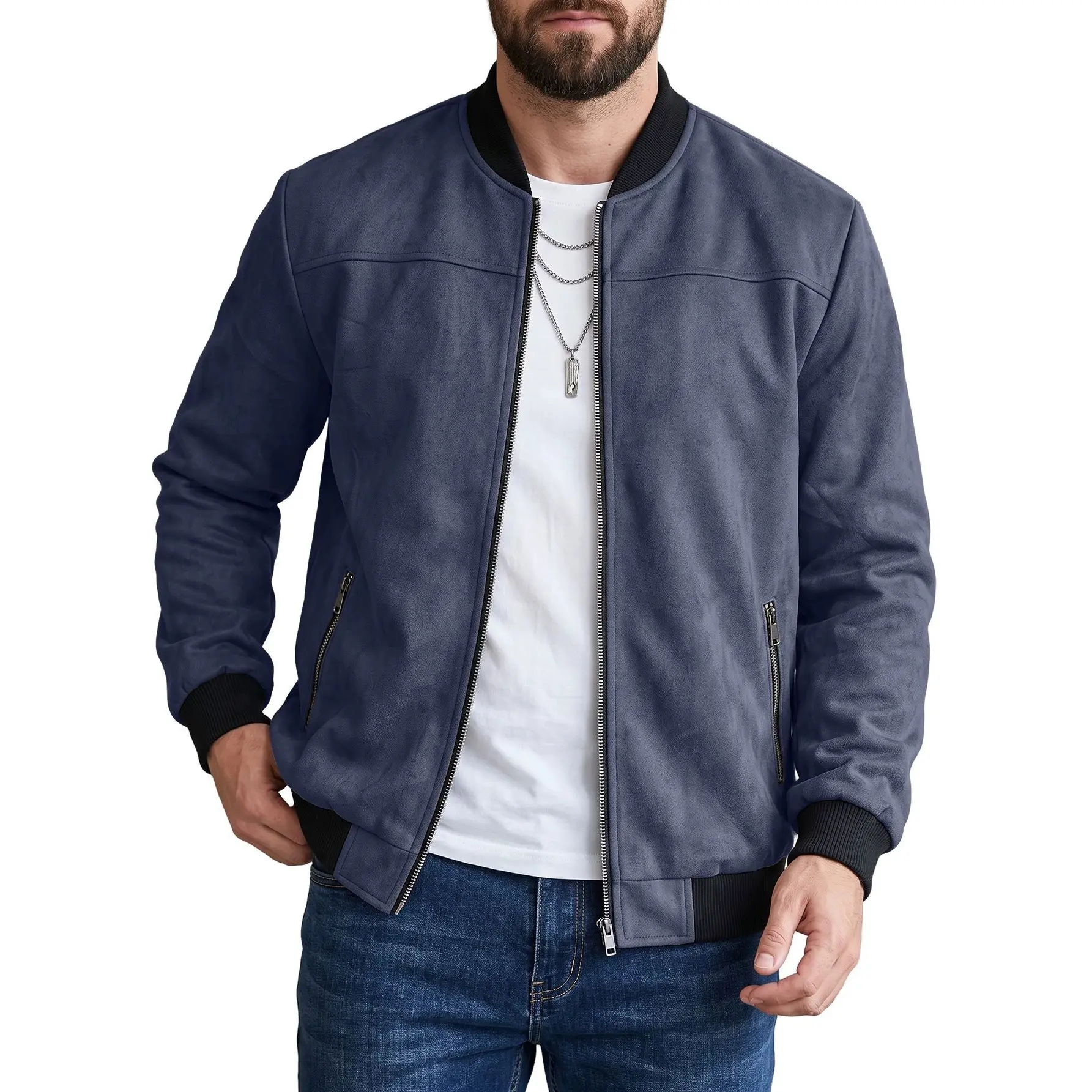Men's American Vintage Suede Baseball-Collar Aviator Coat - Menswear, Ribbed Detailing, Tapered Hem, Zippered Pockets, Solid Color, Lightweight, for Spring/Autumn Commuting, Coats