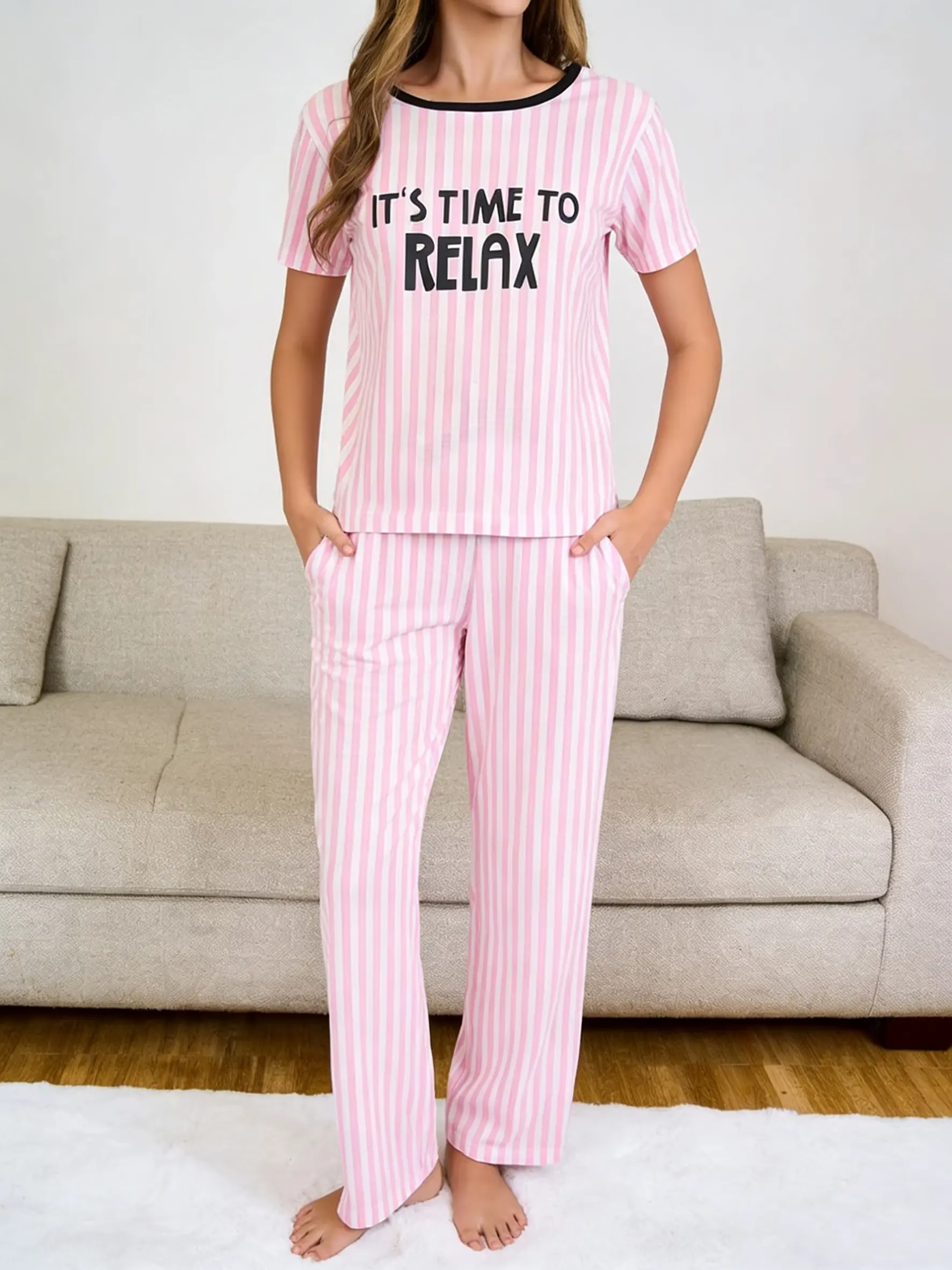 Women's "IT'S TIME TO RELAX" Pink Striped Pajamas Soft Short-Sleeve Top & Loose Pants Comfortable Loungewear Sleepwear Butterfly Casual