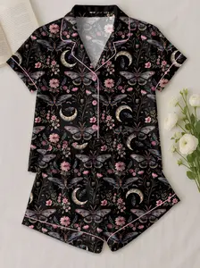 Night Garden Mystical Moth Magic Witchy Floral Satin Pajama Set, Halloween Magic Witchy Floral Pajama Sleepwear, Nighwear Set for Her