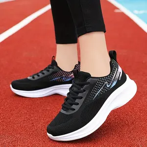 Women's Breathable Knit Sneakers - Lightweight & Comfortable Walking Shoes with Soft PVC Sole, Casual Lace-Up Design in White/Pink/Black - Perfect for Casual Attire & Travel
