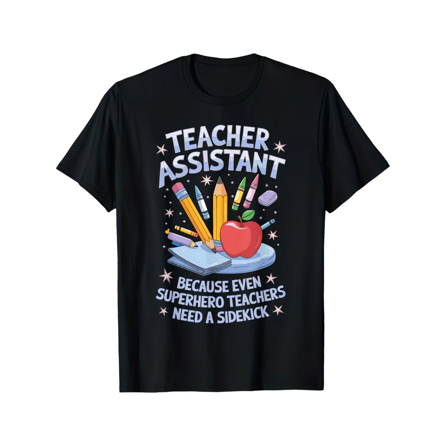 Humorous Teacher Assistant Superhero T-Shirt - Relaxed Fit Round Neck Tee with School Supplies Suitable for School Staff Gifts, Educator Apparel, Classroom Wear, Machine Washable Black Shirt