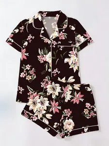 Women's Short Sleeve Shorts Cardigan Pajama Set, Vintage Floral Full Print, Casual Fitted Home Wear Loungewear, All Seasons Essential