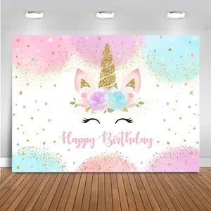 Mocsicka Unicorn Birthday Decorations Backdrop for Girls Party 6x4ft Pastel Rainbow Glitter Stars Dots Happy Birthday Banner Photo Booth Props