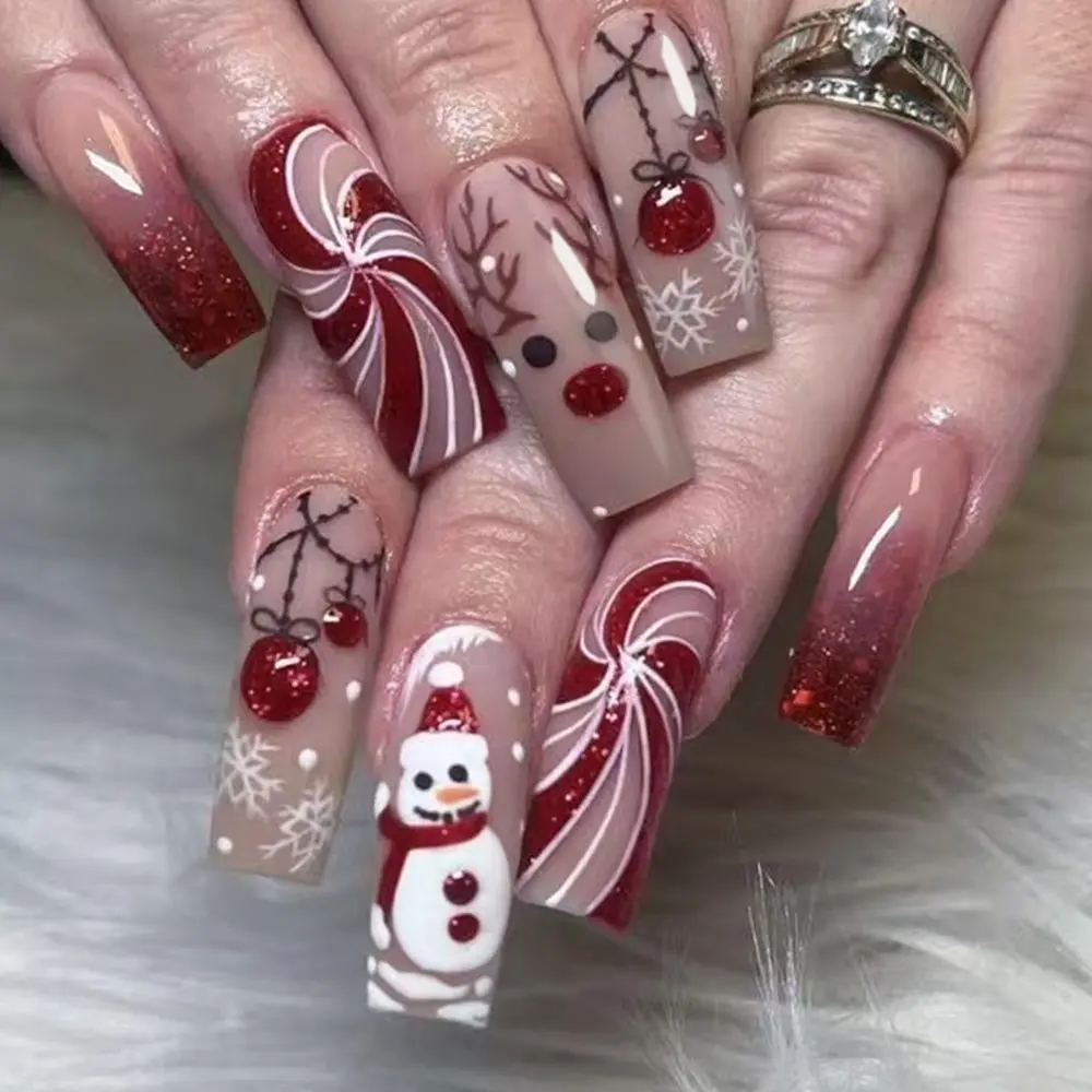 24pcs Christmas Snowman Antler Candy Cane Nail Art Set, Glitter Press-On Nails, Includes Jelly Glue and File, Perfect for Parties