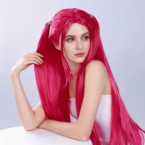 Long Pink Anime Wig with Twin-Tail Design Heat-Resistant Synthetic Fiber Straight Hair for Cosplay Pop Idols Comic Characters Halloween Accessory Playful Hairpiece