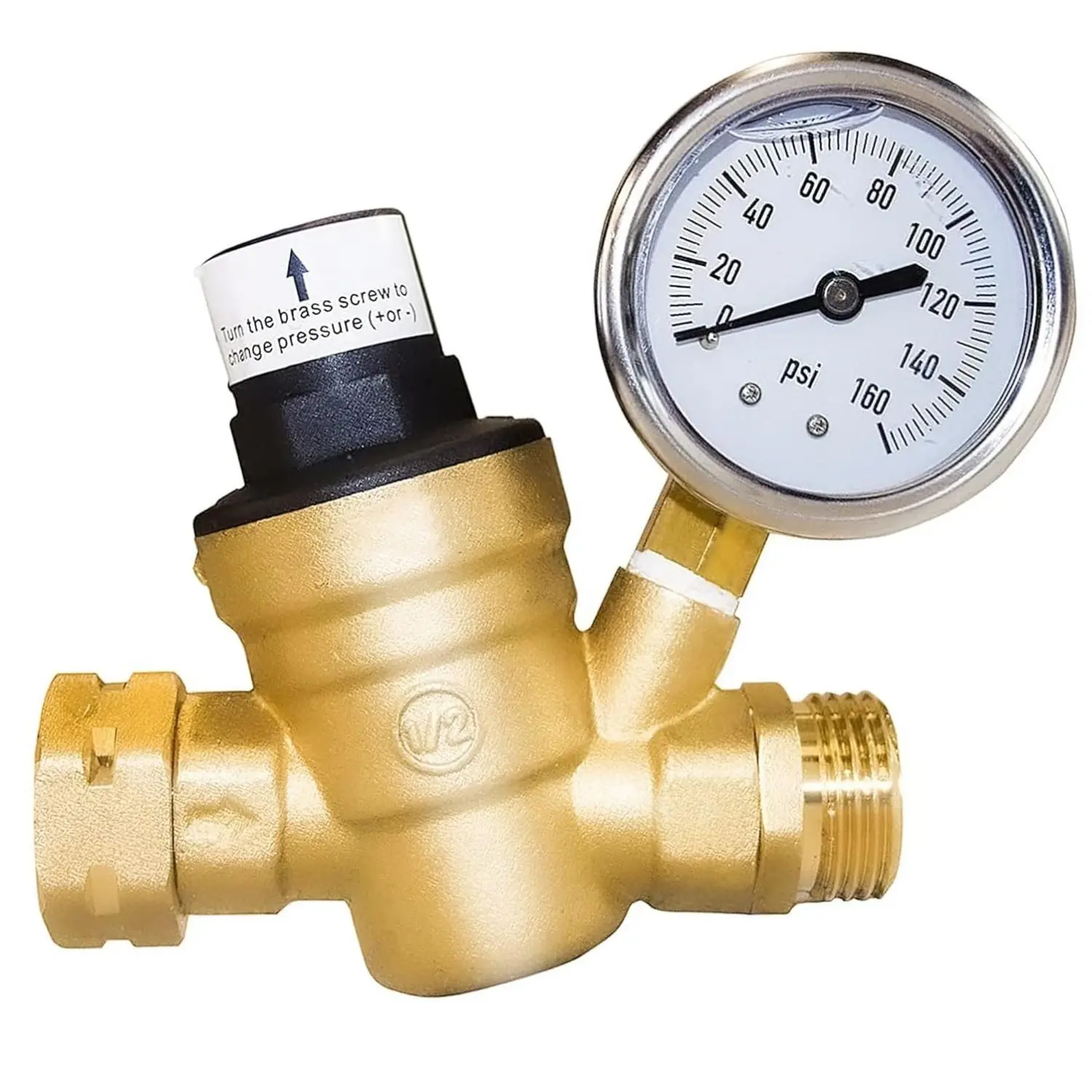 Lead-Free NSF Compliant Brass RV Water Pressure Regulator Valve, 3/4 Inch Threaded Joint with Gauge and Inlet Screened Filter for Camper Trailers, Lead-Free Material
