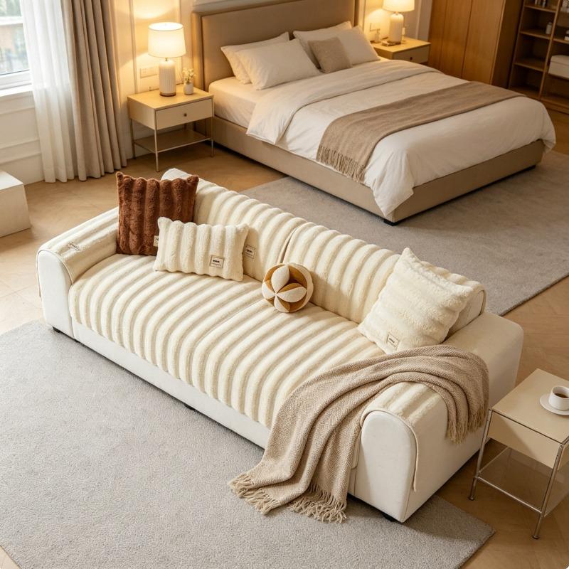 Cream Ribbed Faux Fur Sofa Cover | Ultra-Soft Vertical Striped Throw for Minimalist Homes