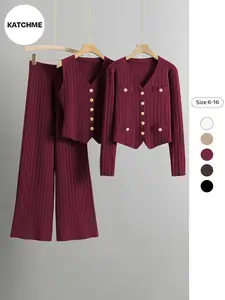 Modest Fashion Simple Wide Leg Pants Sweater Vest Knitted Cardigan Set, Casual Long Sleeve Slim-Fitting, Fall & Winter