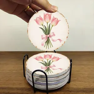 6-piece ceramic coaster set, featuring a vintage floral design with pink tulips and pale pink ribbons. These heat-resistant, non-slip coasters come with a stand and are perfect for home, dining, or as beverage mats.