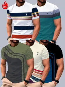 Set of 5, Striped Print Men'S Stylish Casual Short-Sleeve T-Shirts, Summer Round-Neck Quick-Dry Breathable Sports Streetwear Short-Sleeve T-Shirts, Unique Short-Sleeve T-Shirts, Top