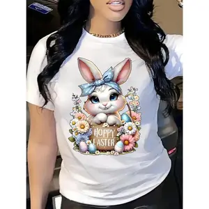Hoppy Easter Cute Bunny Graphic T-Shirt, Floral Easter Egg Print Tee, Oversized Comfort Colors Shirt, Casual Short Sleeve Top, Trendy Whimsical Aesthetic Cotton Tee for Easter Celebrations and Family Gatherings