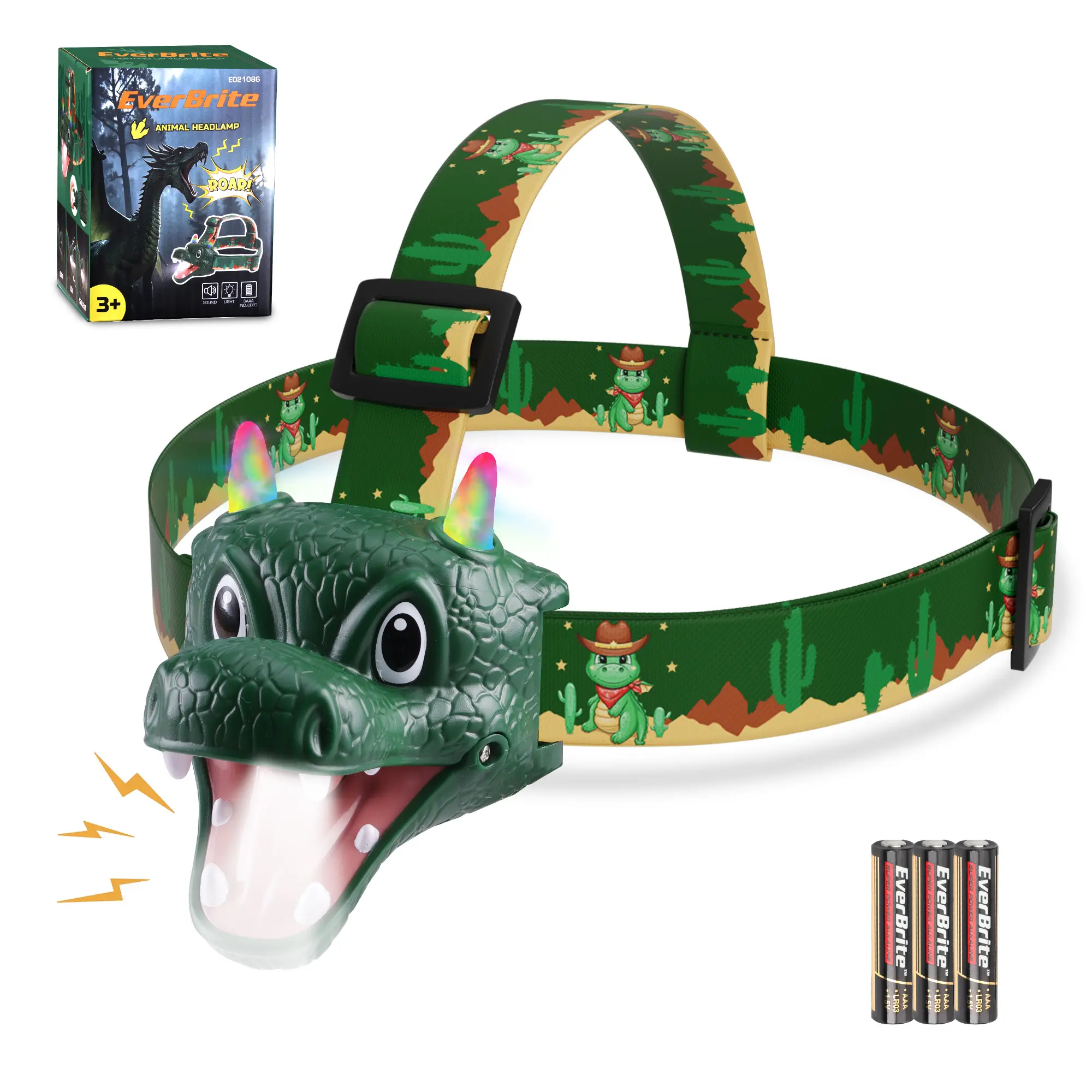 #summersale EverBrite Gragon Kids Headlamp, T-Rex LED Head Lamp with Roar & Silent Mode, Fun Head Flashlight Toy for Camping, Halloween, Birthday, Christmas, Batteries Included