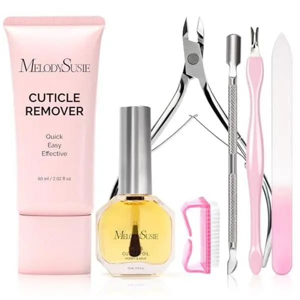 MelodySusie Cuticle Remover Kit,60g Cuticle Remover Cream 15ML Cuticle Oil | Cuticle Nipper Trimmer Pusher,Nail File and Brush for Cuticle Softener & Moisturize Manicure Kit for Nail Care