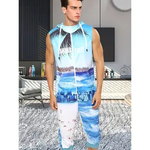 [Tropical Printing Sleeveless Onesie] Men's Tropical Printing Middle Weight Two Way Plastic Zipper Sleeveless With Hoodie And Kangaroo Bag Romper Onesie Pyjamas One Piece Home Wear Sport Wear