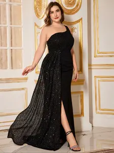 Elegant Plus Size Women's One Shoulder Sleeveless Beaded Sequin Embroidered Waist Draped High Slit Bodycon Formal Evening Gown Dress