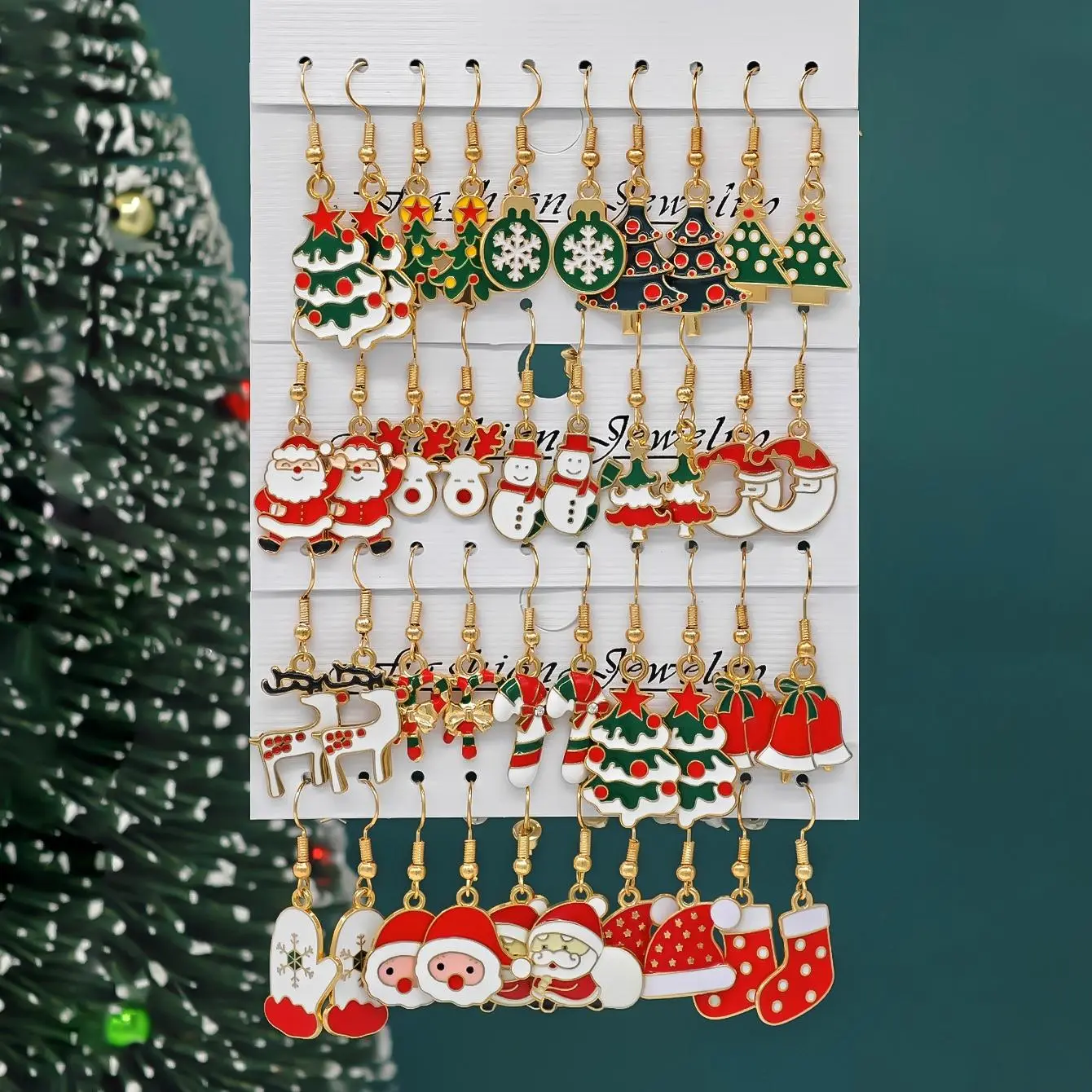 10/40pcs New Christmas Set Cross border  Cartoon Dripping Oil Elk Santa Claus Christmas Tree Earrings for Women