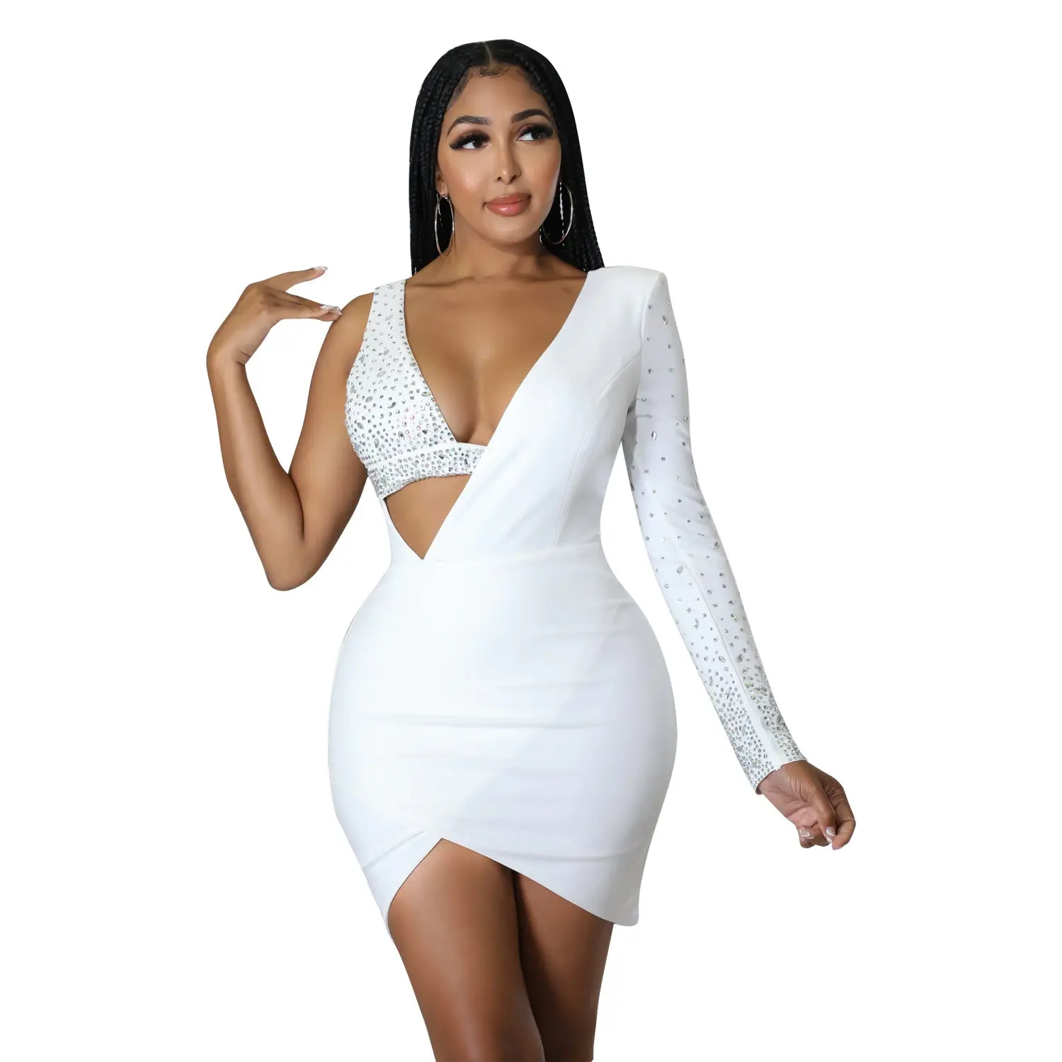 Elegant Rhinestone One-Shoulder Mini Dress