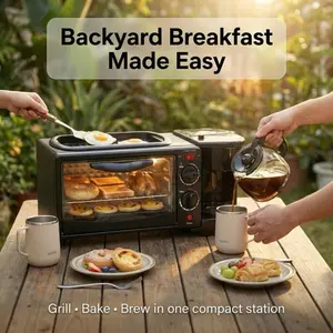 3 In 1 Breakfast Station With Coffee Maker Automatic Timing 2.38gal Non Stick Toaster Oven Frying Pan Sandwich Maker Griddle For Egg Bacon Sausages Healthy Snacks Desserts
