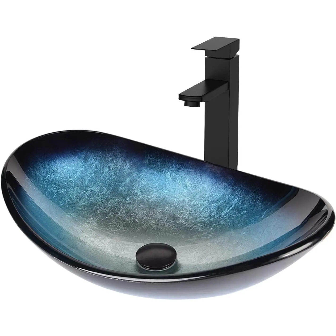 Boat-Shape Hand-Painted Durable Tempered Glass Above-Counter Bathroom Vessel Sink, Blue, 13.4"d x 21"w x 6.3"h, with Free Synthetic Black Faucet, Pop-Up Drain Set and Cold & Hot Water Lines