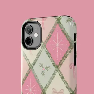 Vintage Pink Argyle Christmas Phone Case Tough Durable Lexan Polycarbonate Outer Shell Flexible TPU Liner Glossy UV Protection for Holiday Use