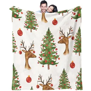 Christmas reindeer and pine tree pattern, suitable for children and adults as Christmas holiday gifts, soft, warm and lightweight plush blanket, suitable for bed, sofa, car, room decoration