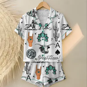 Cute Western Things Sublimation Cowgirl Spade Rodeo Satin Pajama Sets for Women, Western Print, Short Sleeve Top & Shorts, Comfortable Summer Sleepwear Set, Loungewear Pajama, Relaxing Sleeping Clothes, Soft Satin PJ