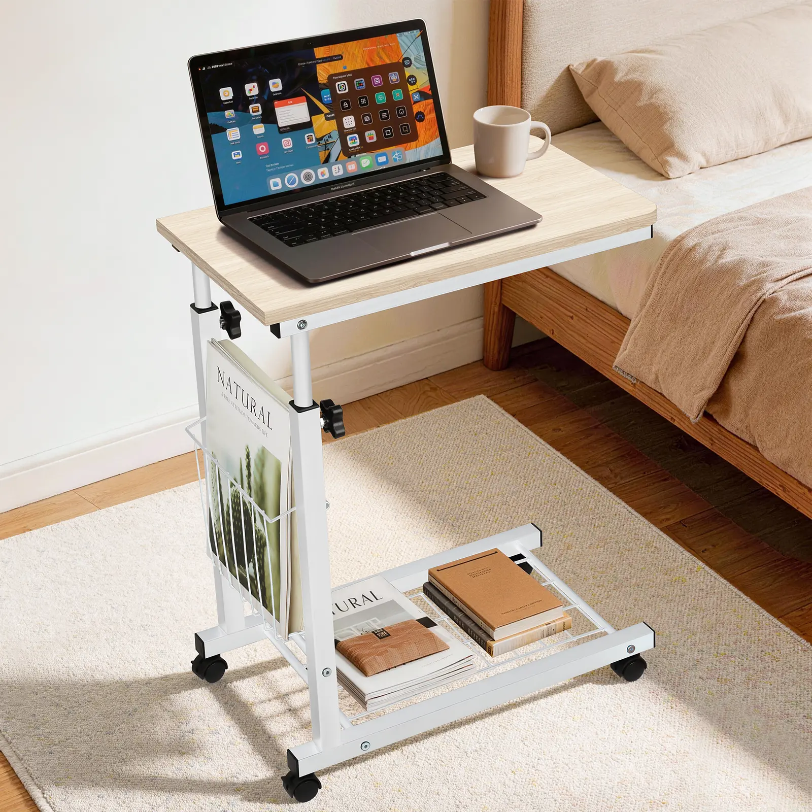 Adjustable Overbed Table with Wheels, Bedside Laptop Desk with Storage, Height Adjustable Rolling Sofa Table for Home Office