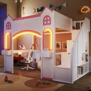 Full Size Loft Bed with Storage Staircase, Desk, Windows, Shelves and LED Light, Wood Castle Loft Bed Frame fof Kids Teens,White+Light Pink
