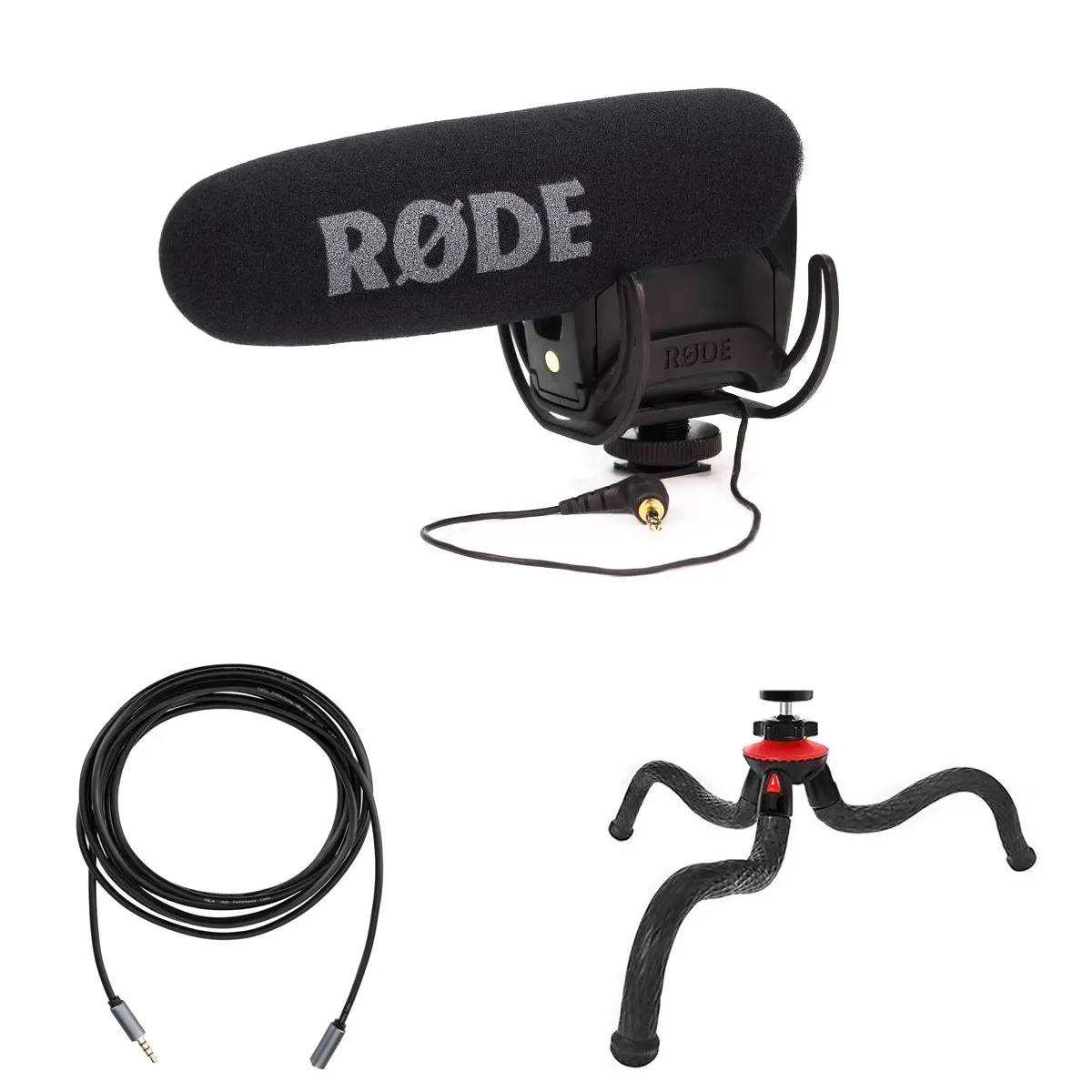 Rode Microphones VideoMic Pro R Cardioid CondenserMicrophone with Rycote Lyre Shock Mount for Camcorders, DSLRs and Portable Audio Recorders - With Table Top Tripod, 10' Headphone Extension Cable