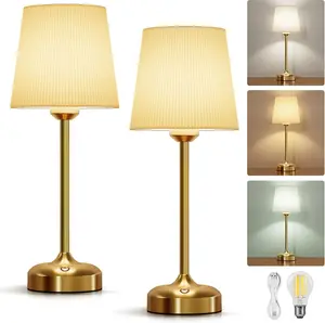 Bedside Table Lamp, 5000mAh Touch Bedside Table Cordless Lamp Nightstand Desk Lamp with USB Charging Pleated Fabric Shade for Bedroom, Dorm, Living Room, Office, Kids Room 2 PCS