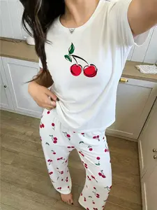 Women's Clothing Pajama Set Cherry Print Nightwear Pyjamas, Short Sleeve Long Pants, Comfortable Home Wear, Casual Spring Sleepwear, Gift Idea