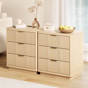 Set of 2 Light Wood Nightstands with Outlet, 3 Drawer Fluted Bedside Tables, Modern End Tables with Metal Handles – Space-Saving Storage for Bedroom and Living R