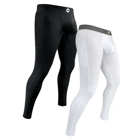 Men's 2-Pack 28in High Waisted Nylon-Spandex Thermal Leggings - Lightweight, Athletic, Plain, No-Fly, Breathable, Stretch Compression Bottoms with Tailored Pouch, Machine Washable, Moisture-Wicking No Sweat Men's Thermal Bottoms for Gym Fitness, Moisture