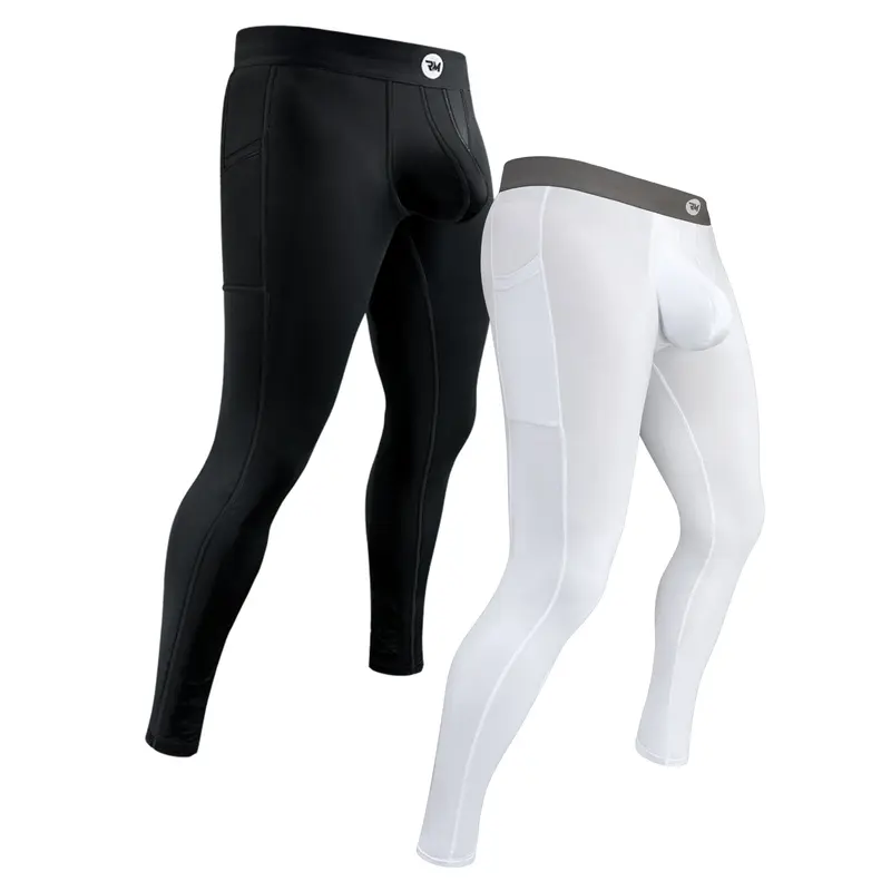 Men's 2-Pack 28in High Waisted Nylon-Spandex Thermal Leggings - Lightweight, Athletic, Plain, No-Fly, Breathable, Stretch Compression Bottoms with Tailored Pouch, Machine Washable, Moisture-Wicking No Sweat Men's Thermal Bottoms for Gym Fitness, Moisture