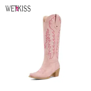 Wetkiss Cowboy Cowgirl Women Knee High  Boots Retro Embroidered Chunky Heels Pointed Toe Western Long Tall Boot Pull On Footwear Walking Shoes   ,Women's Shoes,Women's Boots  #TikTokShopHolidayHaul