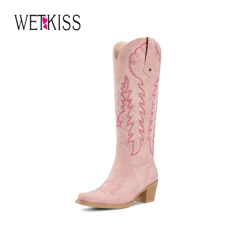 Wetkiss Cowboy Cowgirl Women Knee High  Boots Retro Embroidered Chunky Heels Pointed Toe Western Long Tall Boot Pull On Footwear Walking Shoes,Women's Shoes,Women's Boots  , #WeeklyDeals#TikTokShopFallDealsForYou