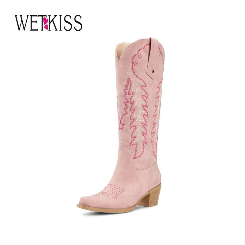Wetkiss Cowboy Cowgirl Women Knee High  Boots Retro Embroidered Chunky Heels Pointed Toe Western Long Tall Boot Pull On Footwear Walking Shoes,Women's Shoes,Women's Boots  , #WeeklyDeals#TikTokShopFallDealsForYou