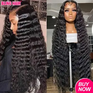 Bling Hair 32inch Deep Wave Lace Front Wigs Human Hair 13x6 HD Transparent Human Hair Lace Front Wigs for Women 180% Density Deep Curly Human Hair Wigs Pre Plcked Deep Wave Lace Frontal Wigs summervibes