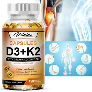 Pslalae 120-Count Dietary Capsules: Vitamin D3 + K2 Complex Supplement. Enriched with Organic Coconut Oil, providing essential nutritional support. Suitable for both men and women.