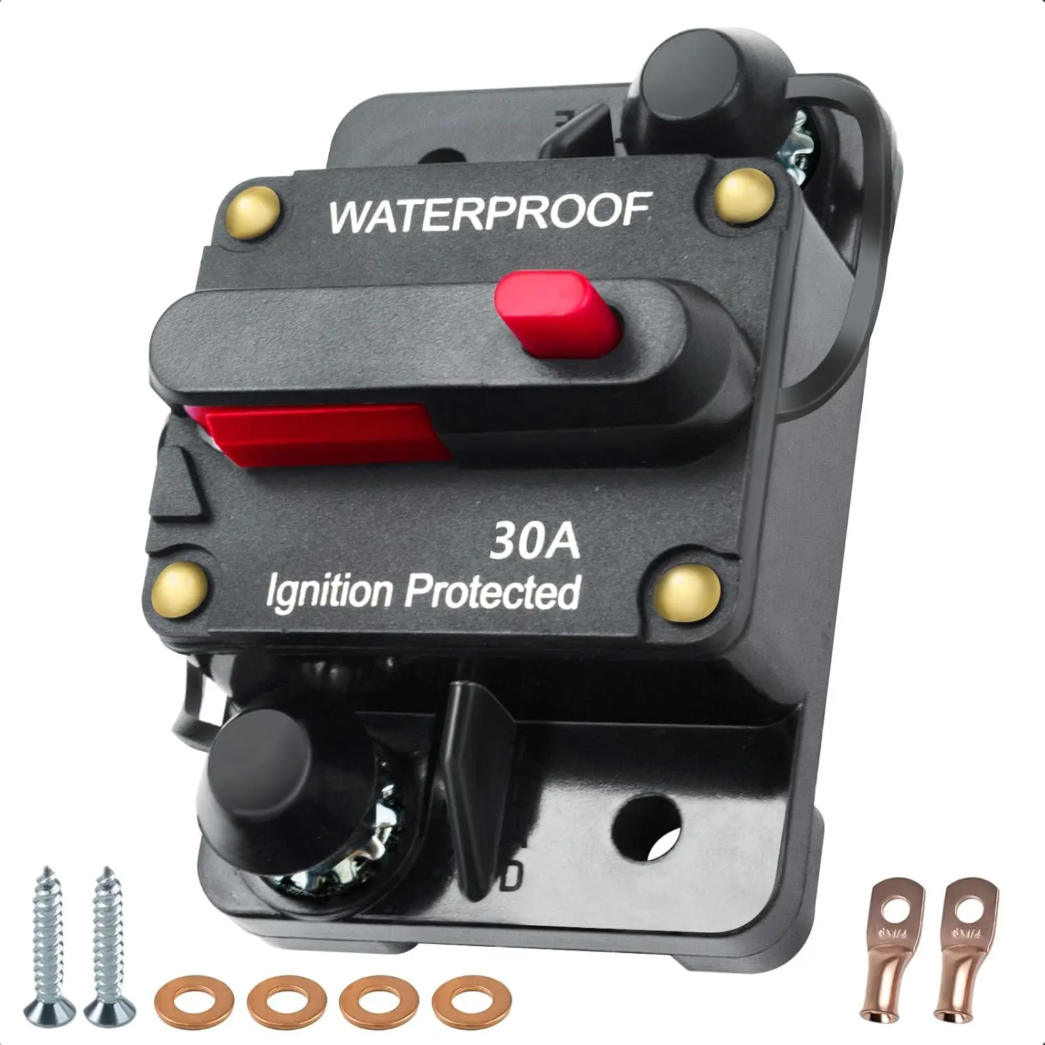 30 amp Circuit Breaker, Manual Reset Inline Fuse  Circuit Breaker for  Marine Trolling Motors Solar System, 12V-48VDC with Wire Lugs Copper Washer