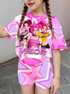 K-Pop Girl Group Star Print Girls' Set, Sweet Cool Short Sleeve Shorts Two-Piece, Cute All over Print Suit