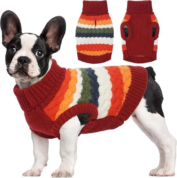 Kuoser Dog Sweater, Warm Dog Sweaters for Small Dogs Pet Christmas Outfit, Soft Puppy Holiday Sweater with Harness Hole Thermal Pet Winter Clothes Doggy Pullover Jumper for Dogs Boy Girl, Blue Red Purple