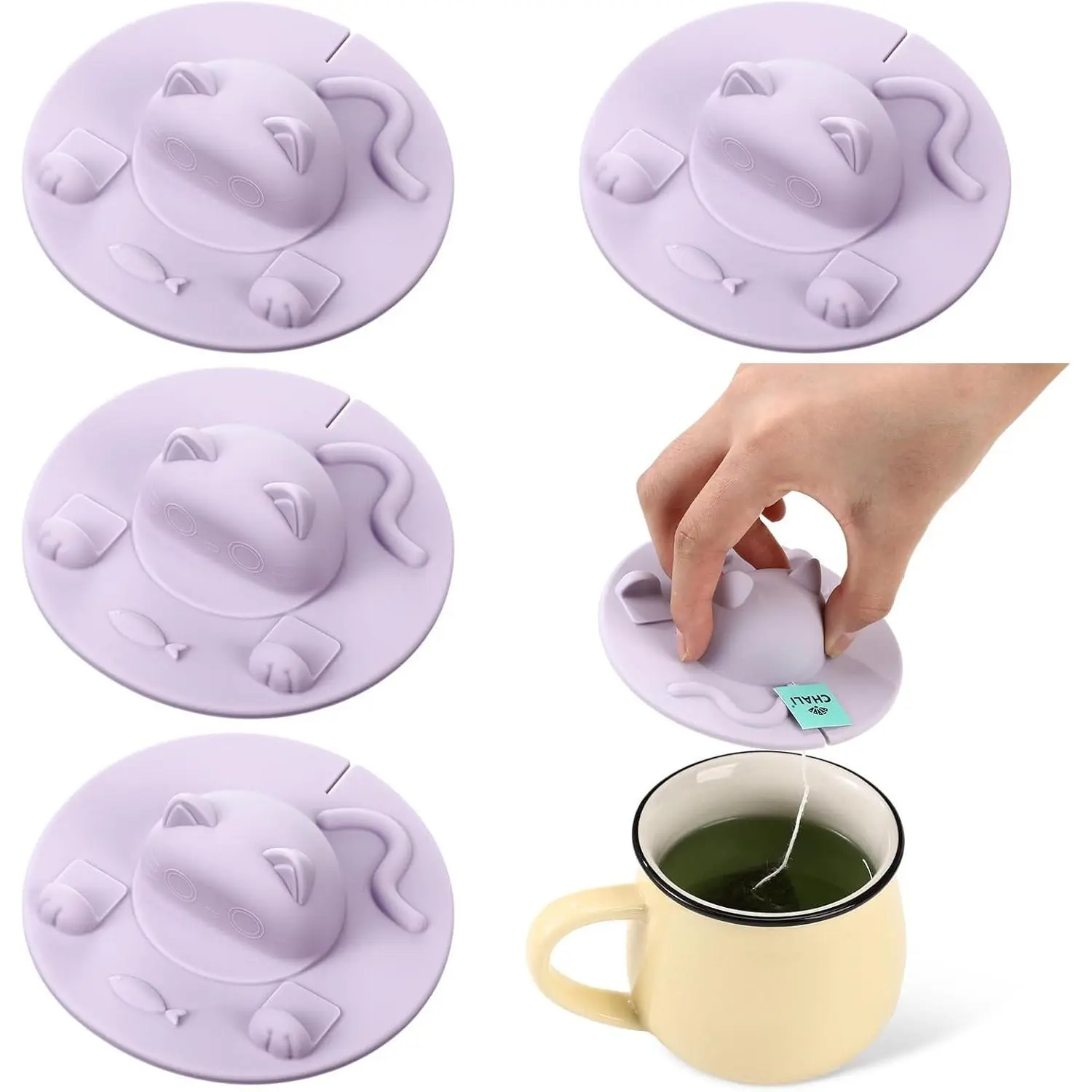 2pcs Tea Bag Squeezer 4 Inch Silicone Tea Bag Holder And Squeezer Dishwasher Safe Purple Cute Cat-Shaped Cup Silicone Lids Warm Cover Supplies